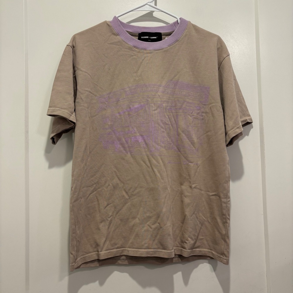Homme + Femme Mens Graphic T-Shirt Tan Lavender Small Streetwear Short Sleeve
